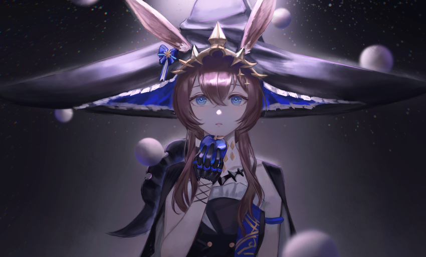 1girl absurdres ambience_synesthesia amiya_(medic)_(solo_around_the_world)_(arknights) amiya_(arknights) animal_ears arknights black_dress black_gloves blue_apple blue_bow blue_eyes bow brown_hair ditio_(ta243401) dress ears_through_headwear gloves hair_between_eyes hair_ornament hat highres holding jewelry long_hair looking_at_viewer multiple_rings parted_lips rabbit_ears rabbit_girl ring sidelocks sleeveless sleeveless_dress solo star_(symbol) upper_body witch_hat