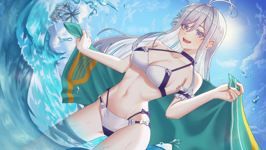 1girl 86_-eightysix- :d ahoge armpit_crease blue_eyes blue_sky breasts cleavage cloud collarbone day hanir highres holding holding_towel medium_breasts navel ocean open_mouth outdoors sky smile solo stomach sunlight swimsuit towel tree vladilena_millize wading water wet white_hair