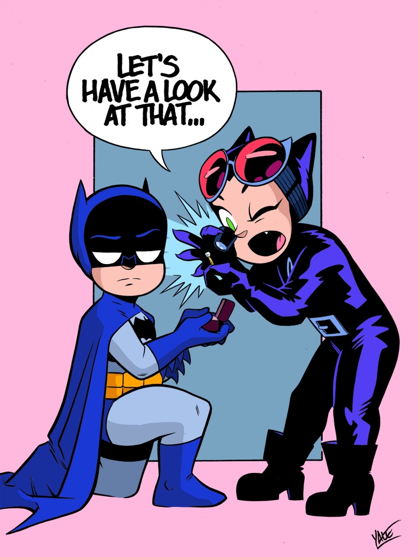 1boy 1girl batman batman_(series) blue_boots blue_cape blue_gloves bodysuit boots cape catwoman dc_comics english_text eyewear_on_head gloves green_eyes grey_bodysuit highres looking_at_another marriage_proposal on_one_knee one_eye_closed open_mouth purple_bodysuit red-tinted_eyewear selina_kyle speech_bubble standing tinted_eyewear yale_stewart