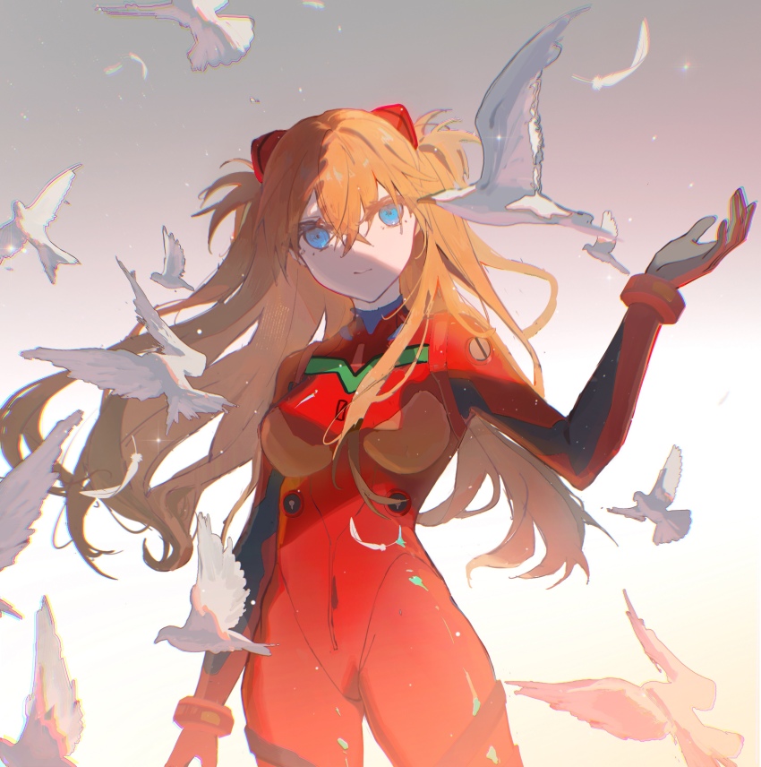 1girl absurdres artist_request bird blue_eyes bodysuit breasts brown_hair cowboy_shot floating_hair hair_between_eyes highres long_hair looking_at_viewer neon_genesis_evangelion outdoors plugsuit red_bodysuit shiny_clothes simple_background solo souryuu_asuka_langley standing turtleneck two_side_up very_long_hair wide_hips