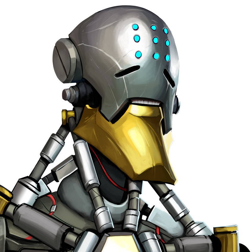 1boy commentary english_commentary gigachad_(meme) highres humanoid_robot male_focus meme no_shirt omnic overwatch parted_lips portrait red_pharoah robot teeth transparent_background zenyatta_(overwatch)