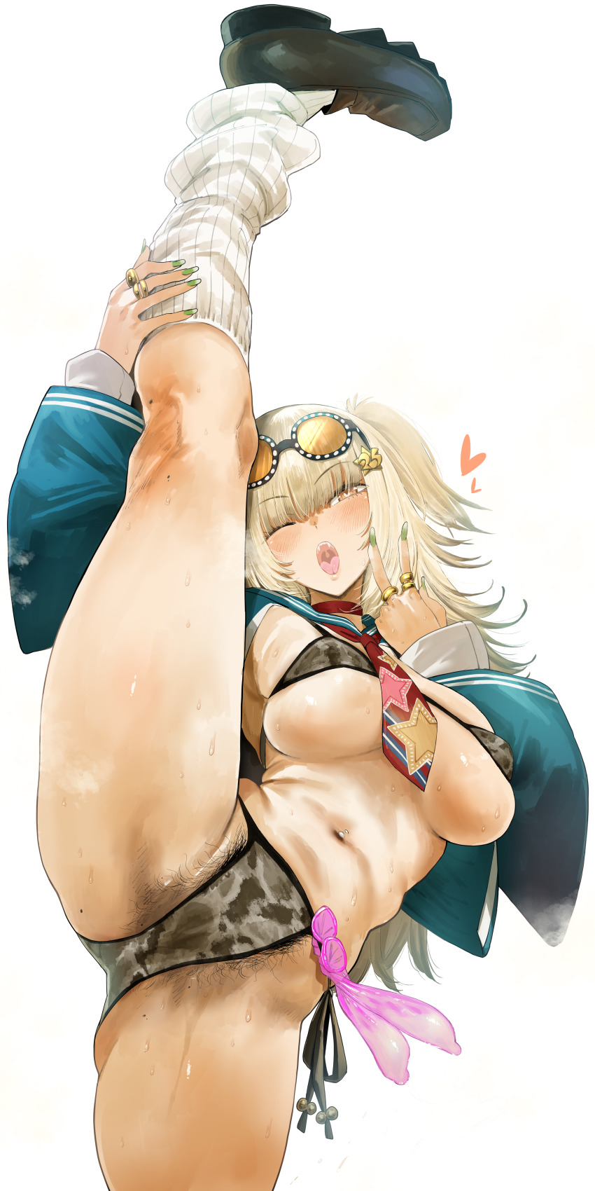 1girl absurdres bikini blonde_hair blunt_bangs choker condom excessive_pubic_hair female_pubic_hair fingernails green_nails hero_neisan highres holding_own_leg leg_up leg_warmers long_fingernails mole mole_on_crotch mole_on_leg multiple_condoms nail_polish necktie one_eye_closed open_mouth original print_bikini pubic_hair sailor_collar smell smile solo split standing standing_on_one_leg standing_split sweat swimsuit tinted_eyewear used_condom v white_background