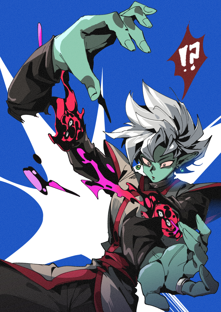 1boy :o absurdres black_bodysuit black_pants blood blue_background bodysuit bone colored_skin dismemberment dragon_ball dragon_ball_super earrings fused_zamasu green_skin grey_eyes highres jewelry kimo_(ulalala) long_sleeves looking_down open_mouth pants pointy_ears potara_earrings purple_blood red_sash ring sash solo speech_bubble spiked_hair surprised surreal unusual_blood_color white_hair