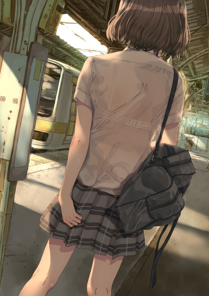 1girl adjusting_clothes adjusting_skirt back back_focus backpack bag black_hair bra bra_visible_through_clothes female_focus from_behind highres medium_hair original ozzzzy plaid_clothes plaid_skirt school_uniform see-through_clothes see-through_shirt shirt short_hair skirt solo train train_station underwear white_shirt