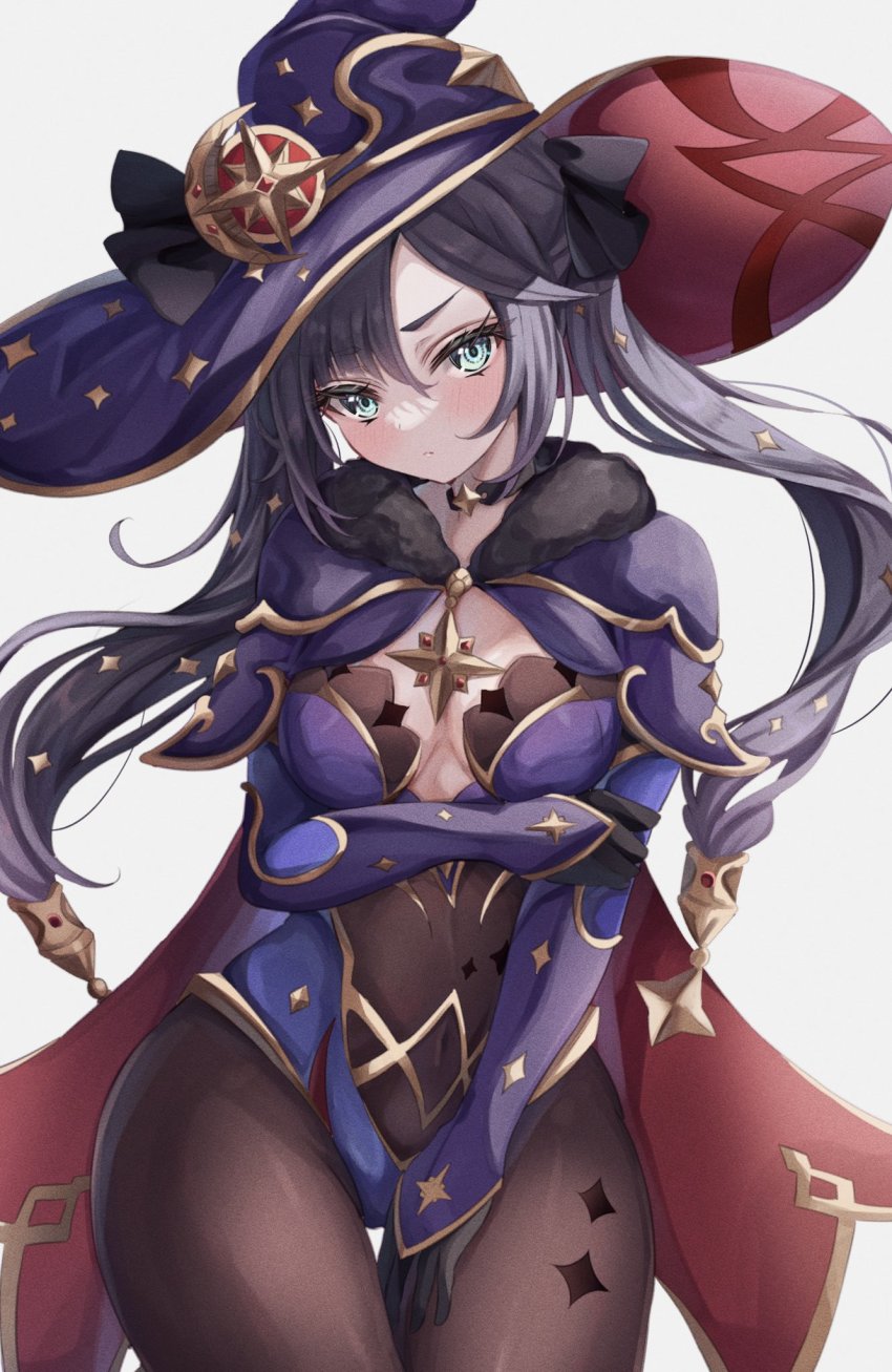 1girl arm_armor arm_support black_choker black_hair black_ribbon blue_eyes blush bodysuit breasts brown_bodysuit capelet choker closed_mouth commentary_request crescent crescent_hat_ornament crystal fur_trim genshin_impact gold grey_background hair_between_eyes hair_ornament hair_ribbon hand_up hat hat_ornament hat_ribbon highres jewelry long_sleeves looking_to_the_side medium_breasts mona_(genshin_impact) purple_bodysuit purple_capelet purple_hair purple_hat ribbon sa-ya2 sidelocks simple_background solo standing star_(symbol) star_hat_ornament star_print twintails v-shaped_eyebrows witch_hat