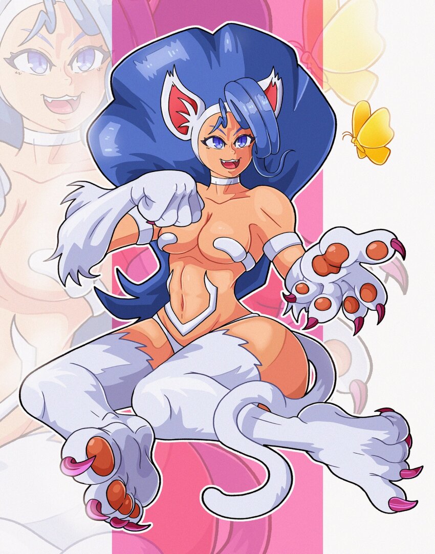 1girl animal_ears animal_hands bare_shoulders blue_eyes blue_hair breasts cat_ears cat_tail darkstalkers fangs felicia_(darkstalkers) long_hair medium_breasts sitting tail teeth upper_teeth_only very_long_hair white_fur