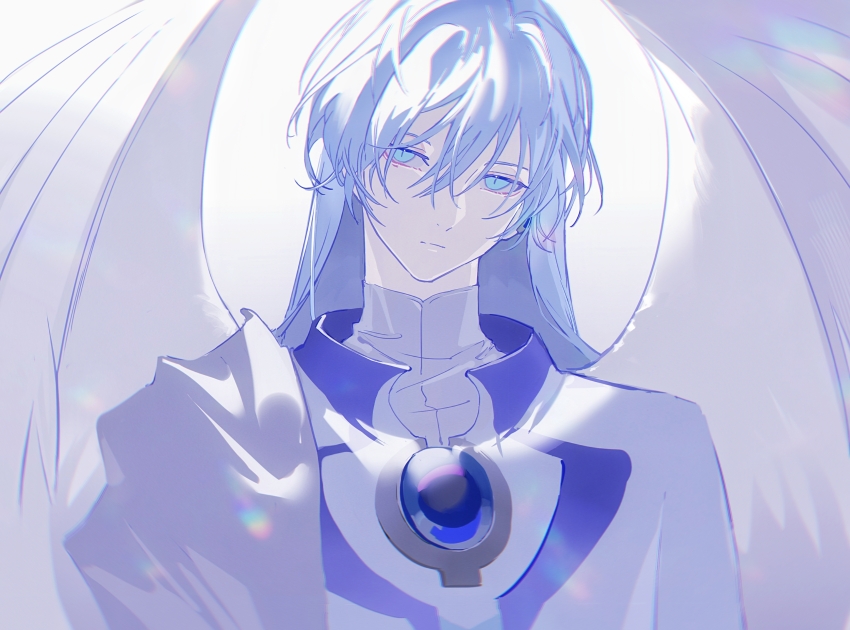 1boy absurdres angel_wings aqua_eyes blue_gemstone byuey cape cardcaptor_sakura chest_jewel closed_mouth commentary gem hair_between_eyes head_tilt highres long_hair looking_at_viewer male_focus robe side_cape simple_background solo symbol-only_commentary turtleneck upper_body white_background white_cape white_hair white_robe white_wings wings yue_(cardcaptor_sakura)