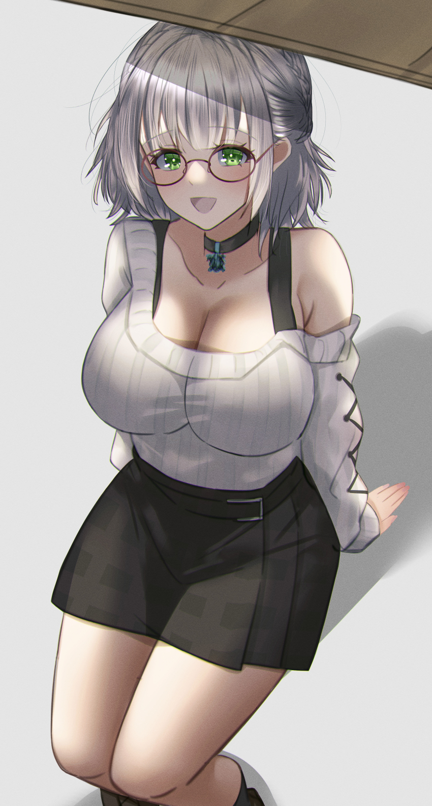 1girl absurdres alternate_costume black-framed_eyewear black_skirt breasts choker cleavage glasses green_eyes grey_shirt highres hololive katagirinanoka large_breasts looking_at_viewer medium_hair open_mouth shirogane_noel shirogane_noel_(casual) shirt sitting skirt smile solo thighs virtual_youtuber white_background white_shirt