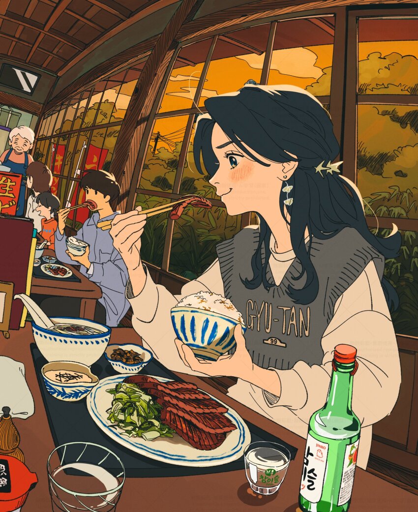 2boys 3girls all_nobori architecture black_hair blush bowl child chopsticks closed_mouth clothes_writing cup drinking_glass earrings east_asian_architecture eating food hand_up highres holding holding_bowl holding_chopsticks holding_with_chopsticks jewelry ladle long_hair long_sleeves meat multiple_boys multiple_girls old old_woman orange_sky original rice_bowl shot_glass sitting sky smile soju sweater table white_sweater