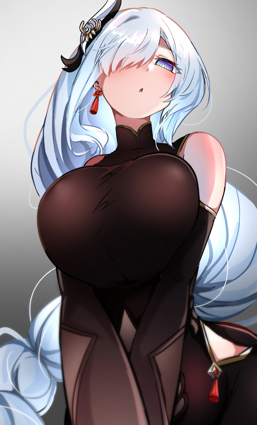 1girl absurdres amekurage999 black_bodysuit blue_eyes bodysuit braid braided_ponytail breasts earrings from_below genshin_impact gradient_background hair_ornament hair_over_one_eye highres hip_vent jewelry large_breasts long_hair looking_at_viewer looking_down open_mouth shenhe_(genshin_impact) solo tassel tassel_earrings upper_body very_long_hair white_hair