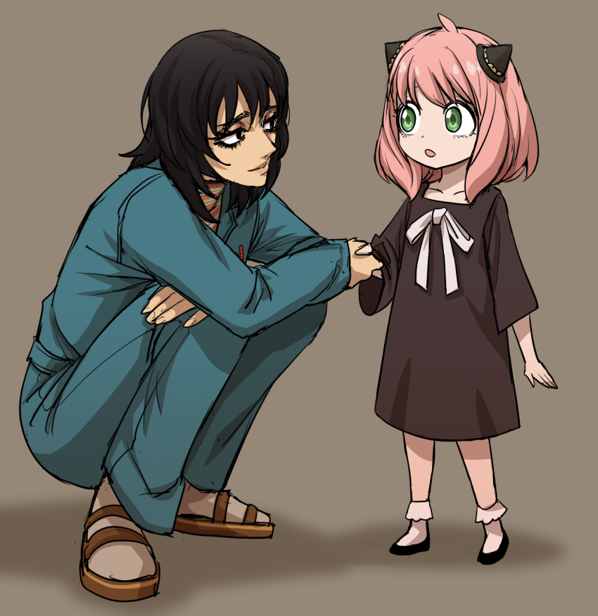 2girls :o age_difference ahoge anya_(mouthwashing) anya_(spy_x_family) black_dress black_eyes black_hair blue_jumpsuit brown_background brown_footwear child collarbone commentary crossover dress eye_contact full_body furrowed_brow green_eyes hairpods hand_on_own_knee highres holding_hands jumpsuit kimleon light_smile long_sleeves looking_at_another medium_hair mouthwashing multiple_girls name_connection open_mouth pink_hair ribbon sandals spy_x_family squatting standing white_ribbon