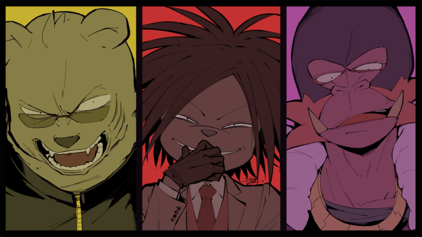 3boys angry animal_ears animal_nose batta1107 bear_boy bear_ears black_border black_gloves black_hair border claw_mark column_lineup constricted_pupils dobu_(odd_taxi) facial_scar fangs furry furry_male gloves grey_jacket hand_on_own_face jacket looking_at_viewer male_focus monkey_boy multiple_boys necktie odd_taxi open_mouth portrait red_necktie scar scar_on_cheek scar_on_face sekiguchi_(odd_taxi) short_hair simple_background smirk sunglasses tusks uneven_eyes yano_(odd_taxi)