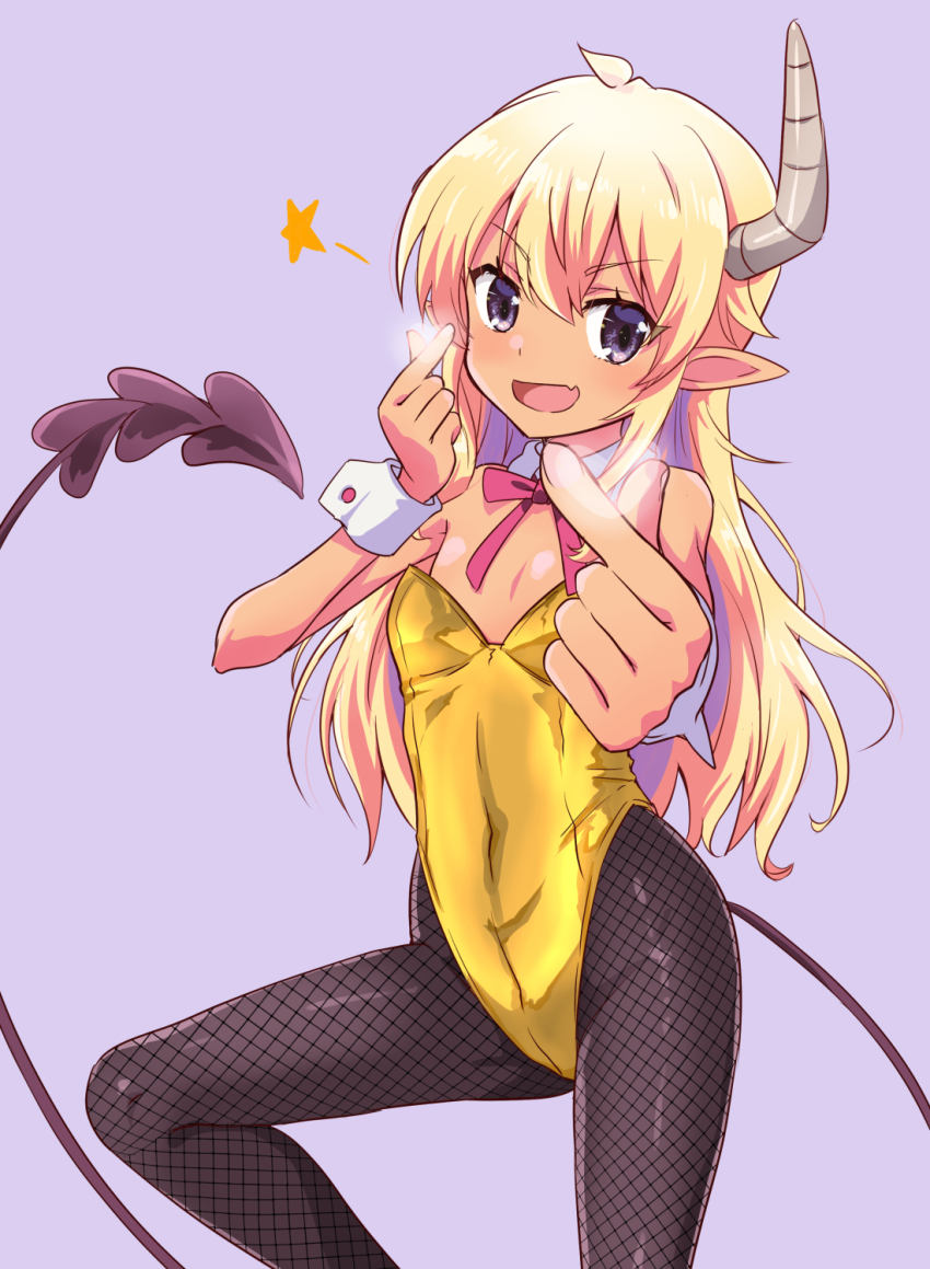 1girl :d ahoge alternate_costume bare_shoulders blonde_hair blush bow bowtie commentary_request dark-skinned_female dark_skin demon_girl demon_horns demon_tail detached_sleeves double_finger_heart fang feet_out_of_frame finger_heart fishnet_pantyhose fishnets flat_chest foreshortening hair_between_eyes hands_up happy heart highleg highleg_leotard highres horns leotard lilith_(machikado_mazoku) long_hair looking_at_viewer machikado_mazoku mukaibi_aoi open_mouth pantyhose pink_bow pink_bowtie playboy_bunny pointy_ears purple_background purple_eyes sidelocks simple_background skin_fang smile solo star_(symbol) strapless strapless_leotard tail v-shaped_eyebrows white_wrist_cuffs wrist_cuffs yellow_leotard