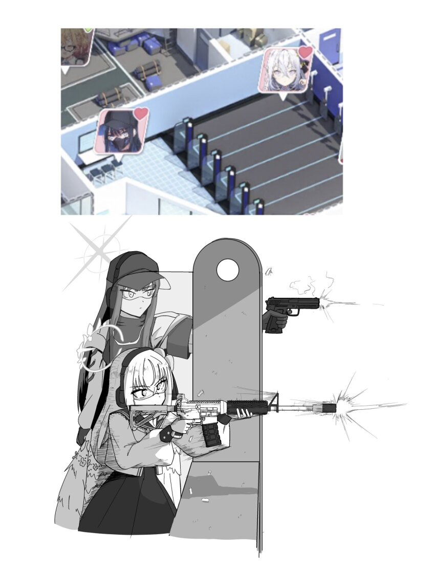 2girls angel_wings assault_rifle azusa_(blue_archive) baseball_cap black_hair black_mask blue_archive blue_eyes casing_ejection commentary_request ear_protection feathered_wings firing flower game_screenshot greyscale gun h&amp;k_usp hair_between_eyes halo handgun hat heckler_&amp;_koch highres holding holding_gun holding_weapon jamira long_hair long_sleeves low_wings m4_carbine mask monochrome mouth_mask multiple_girls muzzle_flash no_mask rail_(weapon) rifle safety_glasses saori_(blue_archive) shell_casing shooting_range simple_background smoke target_practice weapon white_background wings