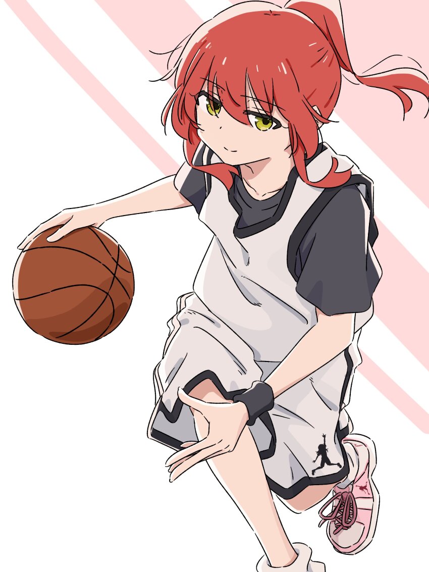 1girl absurdres ball basketball basketball_(object) basketball_jersey basketball_uniform bocchi_the_rock! closed_mouth collarbone dot_nose green_eyes grey_shirt highres jersey kita_ikuyo logo logo_parody mayo_(oekaki_bibbi) nike_(company) pink_shoes playing_sports ponytail red_hair shirt shoes shorts sidelocks smile socks solo sportswear white_background white_shorts white_socks wristband