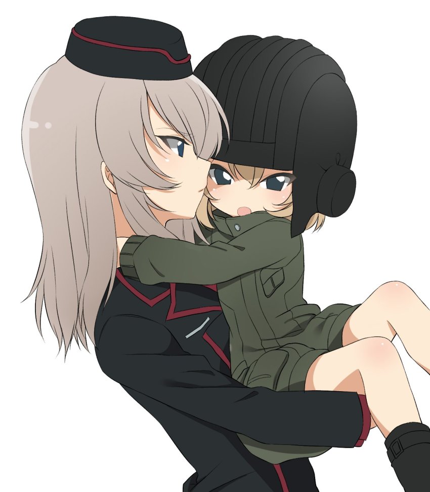 2girls blonde_hair blue_eyes carrying commentary girls_und_panzer green_jumpsuit helmet highres itsumi_erika jumpsuit katyusha_(girls_und_panzer) kuromorimine_military_uniform long_hair long_sleeves military military_uniform multiple_girls pravda_military_uniform princess_carry ruruepa school_uniform short_hair short_jumpsuit silver_hair simple_background tank_helmet white_background