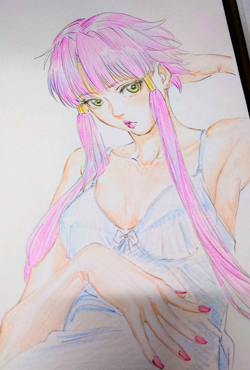 1girl alternate_costume aria_(manga) armpits breasts collarbone cwind earrings eyelashes green_eyes hair_tubes highres jewelry looking_at_viewer medium_breasts mizunashi_akari parted_bangs pink_hair pink_lips pink_nails short_hair_with_long_locks simple_background sketch sleepwear solo stud_earrings traditional_media upper_body