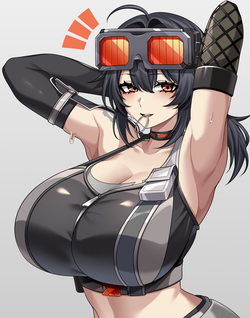 1girl absurdres ahoge armpits bare_arms bare_shoulders black_hair blush breasts cleavage crop_top goggles grace_howard grey_background hair_between_eyes highres huge_breasts hz_(666v) large_breasts long_hair looking_at_viewer ponytail sidelocks simple_background smile solo sweatdrop upper_body zenless_zone_zero