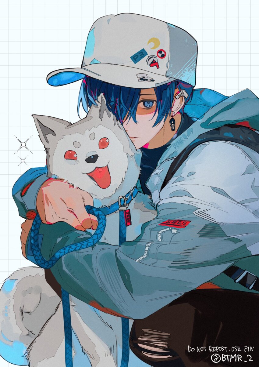 1boy alternate_costume bag black_pants blue_eyes blue_hair btmr_game dog earrings hair_over_one_eye hat highres holding holding_leash jacket jewelry koromaru_(persona) leash long_sleeves looking_at_viewer male_focus pants persona persona_3 red_eyes signature simple_background sparkle tongue twitter_username white_headwear yuuki_makoto_(persona_3)