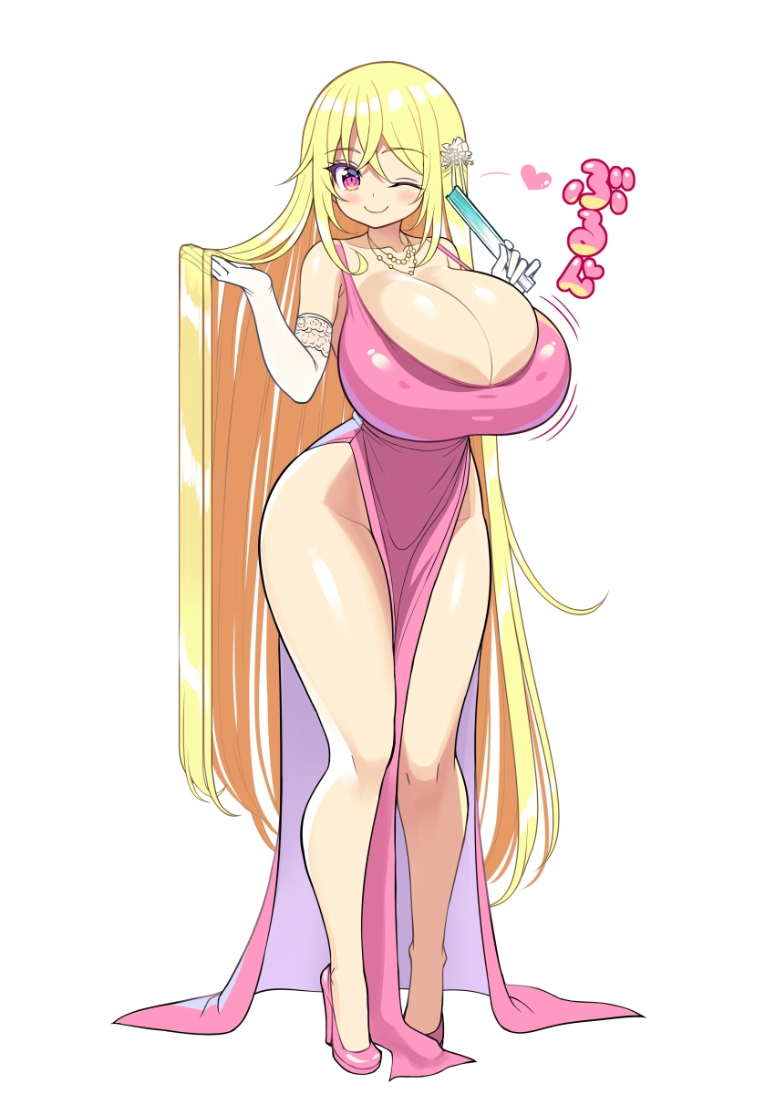 1girl absurdres blonde_hair breasts cleavage dress dress_shirt from_side heart high_heels highres huge_breasts long_hair original pink_dress pink_eyes saki_saeko shirt shuz_(dodidu) solo tall_female twintails very_long_hair