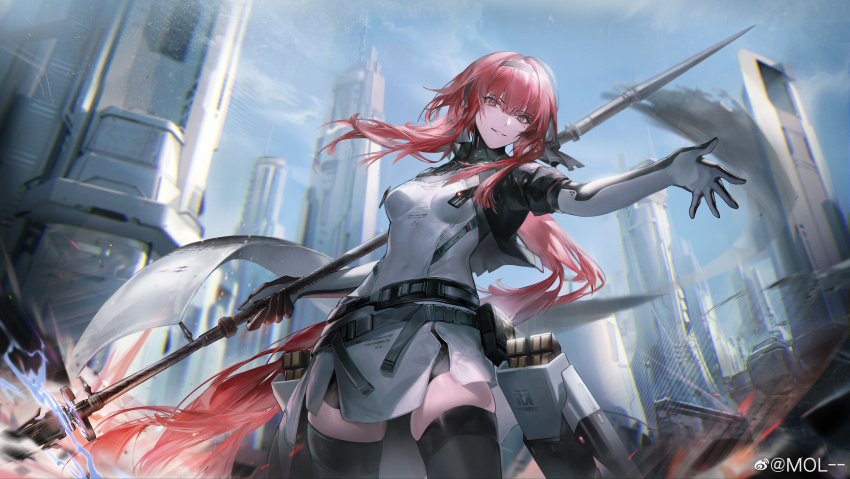 1girl absurdres belt black_belt black_gloves black_hairband black_jacket black_thighhighs blue_sky breasts building cowboy_shot dress elbow_gloves gloves grin hairband highres holding holding_polearm holding_weapon jacket looking_at_viewer low_ponytail medium_breasts mol-- official_art outstretched_arm polearm punishing:_gray_raven red_eyes red_hair science_fiction short_dress skindentation sky smile solo thighhighs two-tone_gloves vera:_garnet_(pgr) vera_(pgr) weapon weibo_logo weibo_watermark white_dress white_gloves zettai_ryouiki