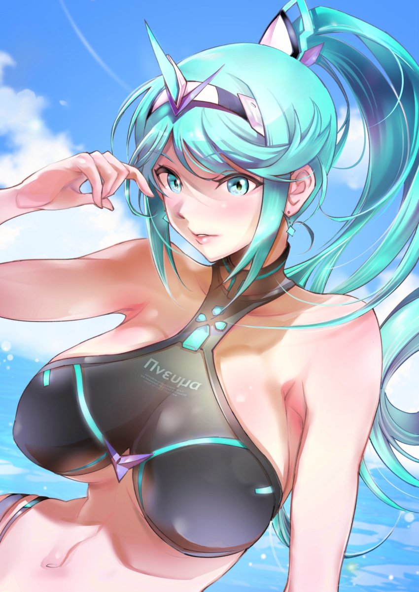 1girl adapted_costume breasts chest_jewel earrings gem green_eyes green_hair headpiece highres jewelry large_breasts long_hair pneuma_(xenoblade) ponytail solo swept_bangs swimsuit tiara ug333333 very_long_hair xenoblade_chronicles_(series) xenoblade_chronicles_2