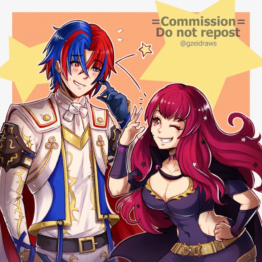 1boy 1girl alear_(fire_emblem) alear_(male)_(fire_emblem) armor black_cape blue_eyes blue_hair blush bodysuit breasts cape choker cleavage clothing_cutout crossed_bangs facial_mark fire_emblem fire_emblem_engage gloves gzei hair_ornament heterochromia highres jewelry large_breasts long_hair looking_at_viewer multicolored_hair nintendo red_eyes red_hair short_hair side_cutout simple_background smile split-color_hair star_(symbol) star_facial_mark star_hair_ornament two-tone_hair yunaka_(fire_emblem)