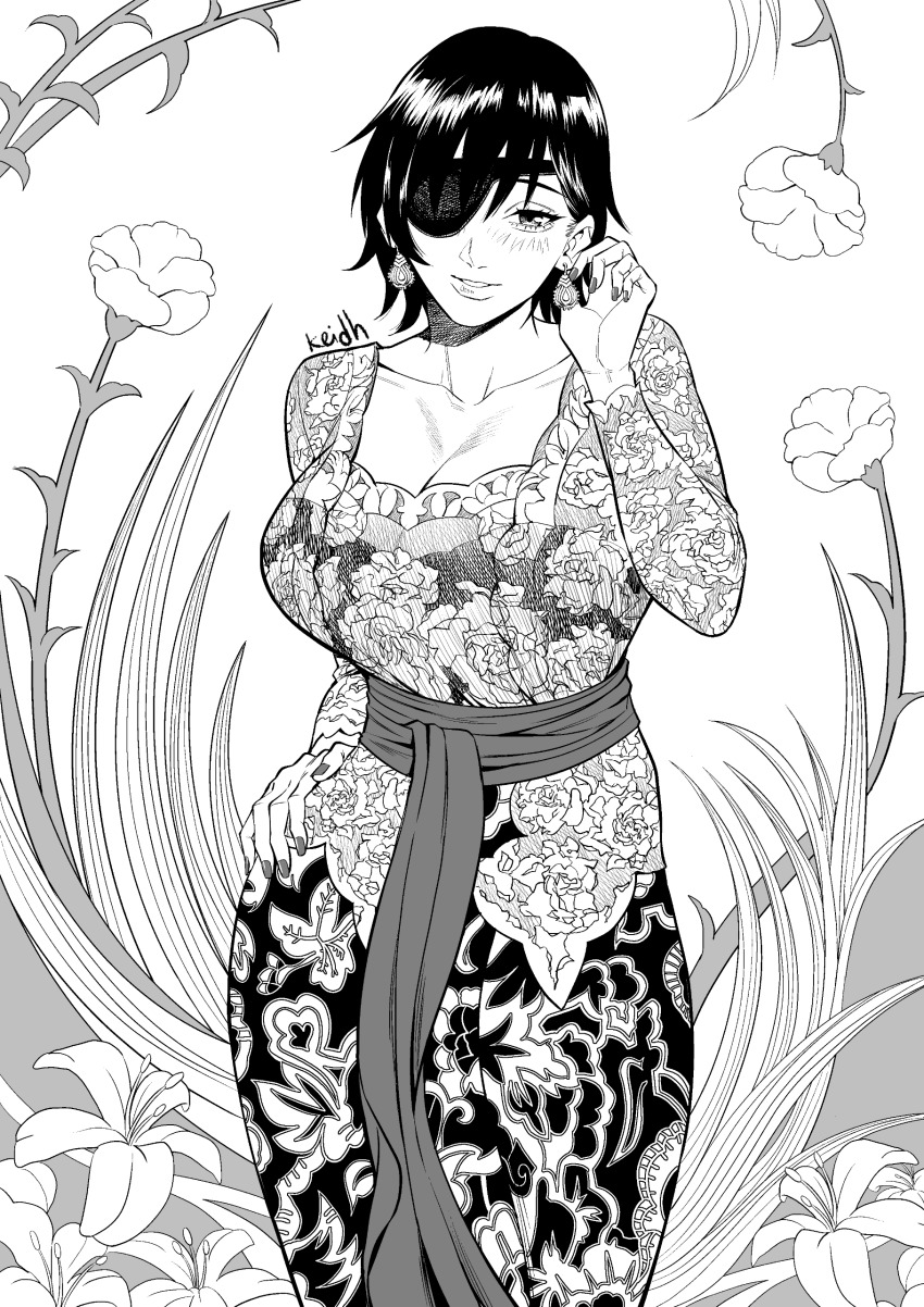 1girl absurdres breasts chainsaw_man cleavage earrings eyepatch floral_print flower greyscale highres himeno_(chainsaw_man) indonesian_clothes jewelry kebaya kei_dragonsheaven large_breasts looking_at_viewer monochrome short_hair solo