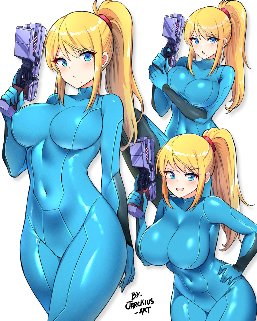 1girl :/ absurdres arm_behind_back arm_under_breasts artist_name blonde_hair blue_bodysuit blue_eyes bodysuit breasts closed_mouth commentary covered_navel cowboy_shot english_commentary finger_on_trigger gun hair_between_eyes hand_on_own_hip handgun highres holding holding_gun holding_weapon impossible_bodysuit impossible_clothes jarckius large_breasts light_blush long_hair looking_at_viewer metroid mixed-language_commentary mole mole_under_mouth multiple_views nintendo open_mouth paralyzer ponytail samus_aran simple_background skin_tight smile standing stun_gun teeth trigger_discipline upper_teeth_only v-shaped_eyebrows weapon white_background zero_suit