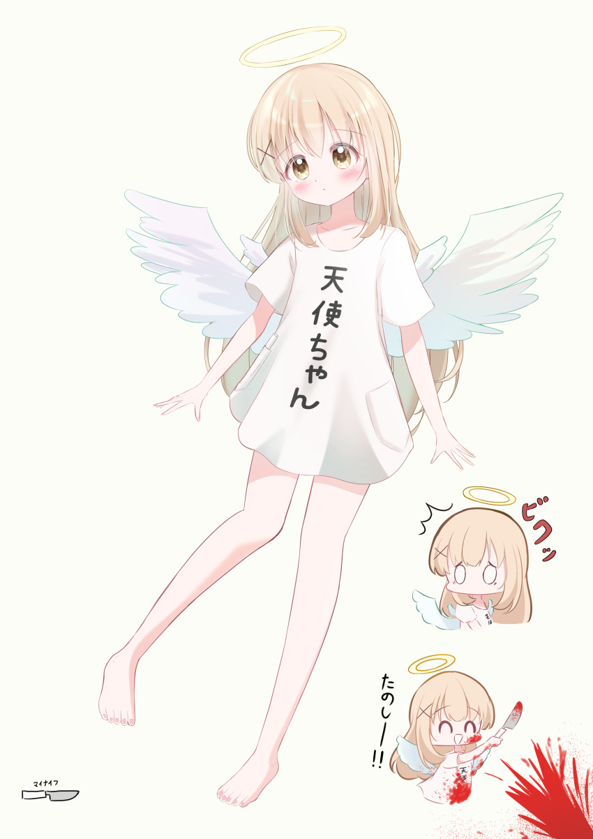 1girl absurdres angel angel_wings barefoot blank_eyes blonde_hair blood blood_on_clothes blood_on_face chibi collarbone dress hair_ornament hairpin halo haruiroha highres holding holding_knife knife light_blush long_hair original white_background white_dress wings yellow_eyes