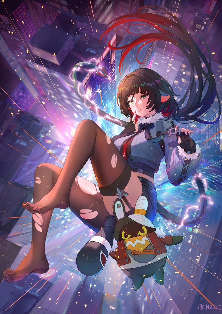 1girl absurdres animal_ears aqua_eyes aqua_jacket bangboo_(zenless_zone_zero) benzi_li black_gloves black_hair black_pantyhose black_shorts black_thighhighs breasts building fingerless_gloves gloves high-waist_shorts highres jacket jane_doe_(zenless_zone_zero) large_breasts long_hair motion_lines mouse_ears mouse_girl mouse_tail multicolored_hair necktie no_shoes pantyhose parted_lips red_hair red_nails shorts single_leg_pantyhose single_thighhigh skyscraper soles tail thighhighs thighs toes torn_clothes torn_pantyhose torn_thighhighs two-tone_hair two-tone_necktie zenless_zone_zero