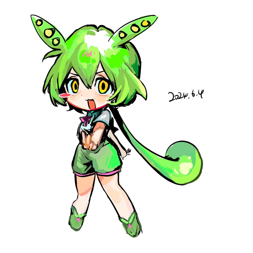 1girl animal_ears blush bow bowtie double-parted_bangs full_body green_footwear green_hair green_shorts hair_between_eyes highres long_hair looking_at_viewer open_mouth outstretched_arms pink_bow pink_bowtie ponytail shorts simple_background suspender_shorts suspenders tanglaoban1225 v voiceroid voicevox white_background yellow_eyes zundamon