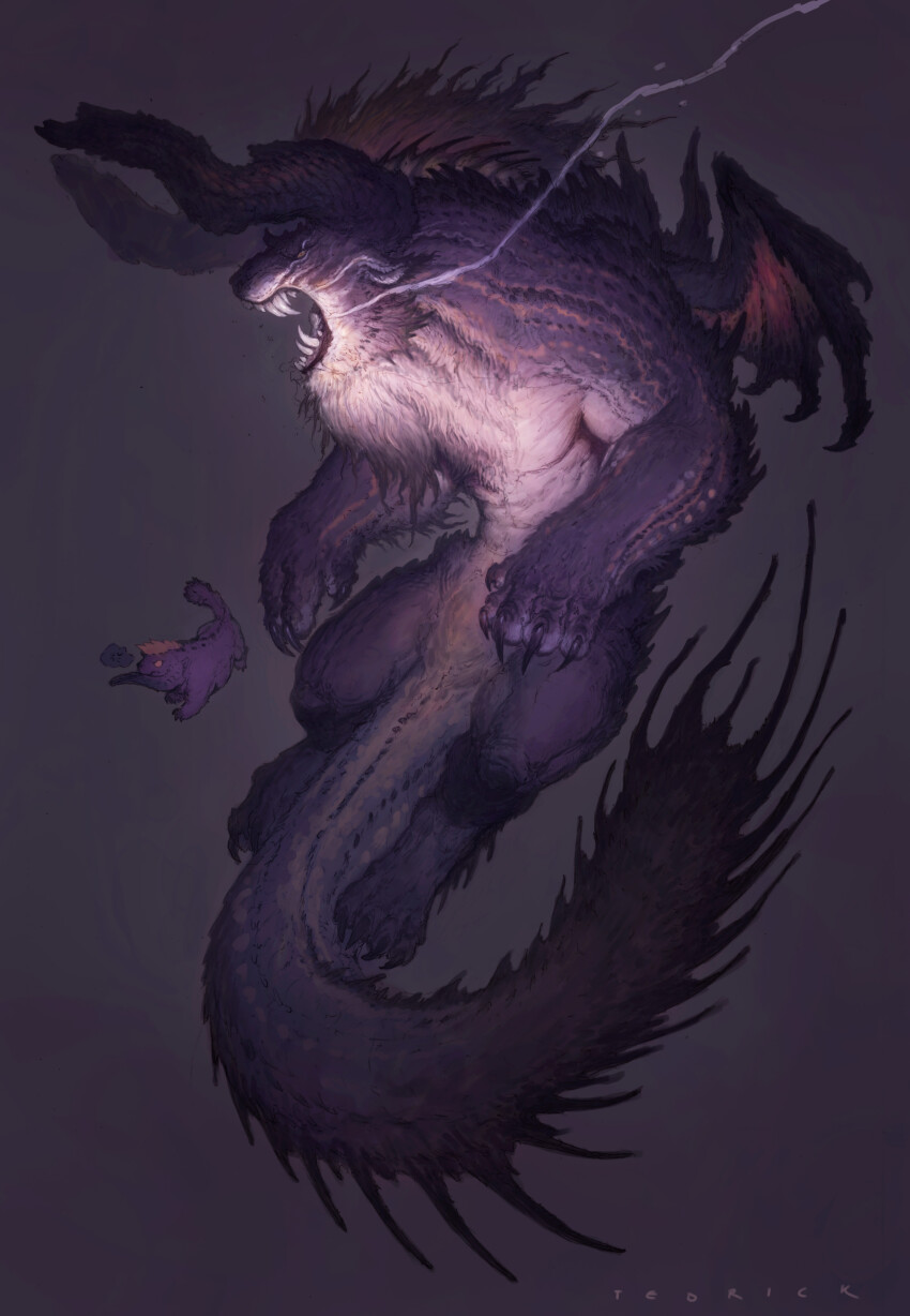 absurdres animal_focus artist_name behemoth_(final_fantasy) brown_eyes claws commentary creature english_commentary final_fantasy full_body highres horns john_tedrick large_horns looking_at_viewer monster no_humans open_mouth profile purple_background realistic scales sharp_teeth signature simple_background tail teeth wings