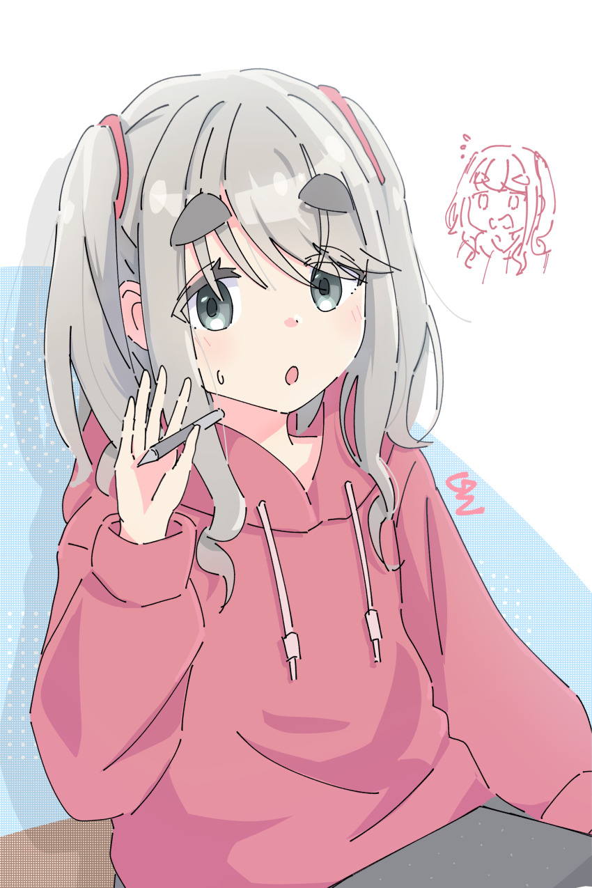 absurdres drawing_tablet eyes_visible_through_hair grey_hair highres holding holding_stylus hood hood_down hoodie ltv1119 mizunami_ema multicolored_background open_mouth pink_hoodie pink_ribbon ribbon stylus thick_eyebrows yurucamp