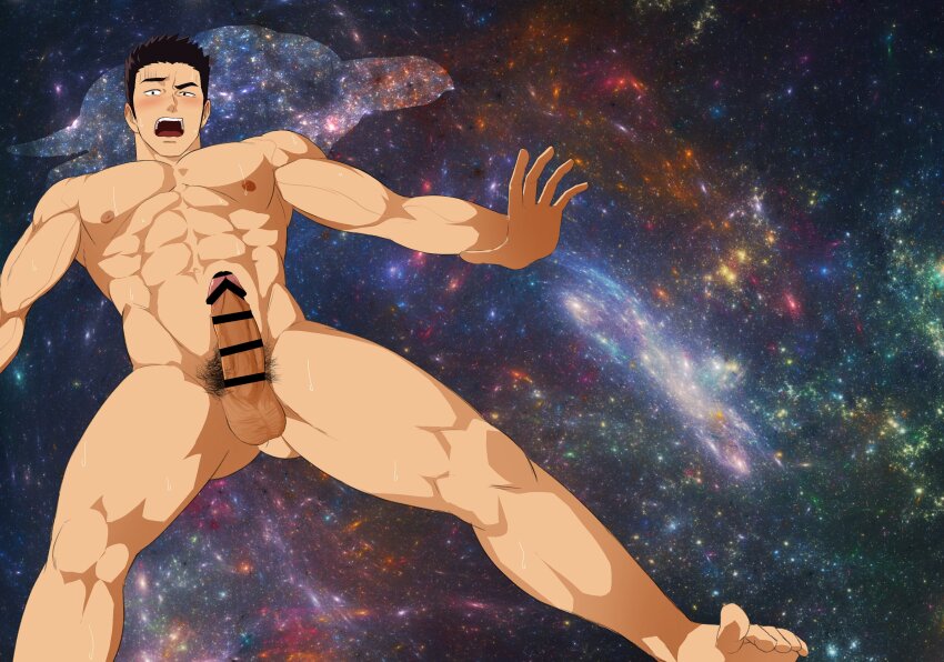 1boy abs absurdres ao_isami bara black_hair blush completely_nude erection feet_out_of_frame gluteal_fold highres large_pectorals male_focus male_pubic_hair muscular muscular_male navel niichi_(niichi21) nipples nude pectorals penis pubic_hair short_hair solo space spread_legs sweat thick_eyebrows thick_thighs thighs yuuki_bakuhatsu_bang_bravern