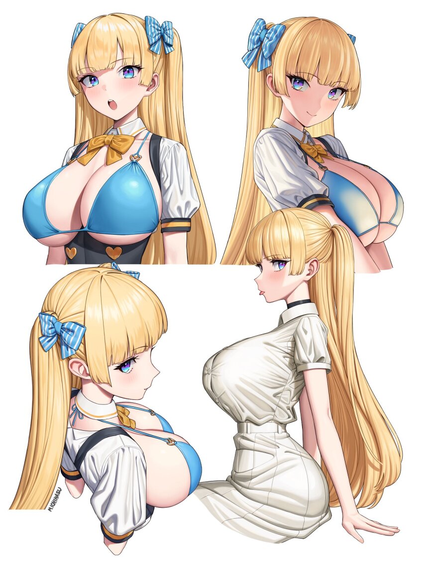 1girl arm_support artist_name bikini bikini_top_only black_choker blonde_hair blue_bikini blue_bow blue_eyes blush bow bowtie breastless_clothes breasts choker cleavage closed_mouth commentary_request from_above from_behind from_side hair_bow hair_intakes highres large_breasts lina_(michihasu) long_hair looking_at_viewer michihasu multiple_views open_mouth orange_bow orange_bowtie original puffy_short_sleeves puffy_sleeves shirt short_sleeves simple_background skirt smile striped_bow swimsuit teeth tongue tongue_out two_side_up upper_teeth_only vertical-striped_bow white_background white_shirt white_skirt