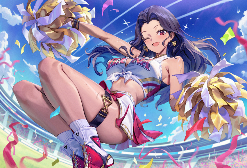 1girl :d black_hair breasts cheerleader cloud commission confetti contrail dark-skinned_female dark_skin earrings gesoking hair_intakes highres holding holding_pom_poms jewelry jumping large_breasts legs looking_at_viewer midriff mole mole_under_eye nijisanji nijisanji_en one_eye_closed open_mouth pom_pom_(cheerleading) pom_poms red_eyes scarle_yonaguni second-party_source shirt smile solo sparkle stadium sweat thigh_strap tied_shirt virtual_youtuber