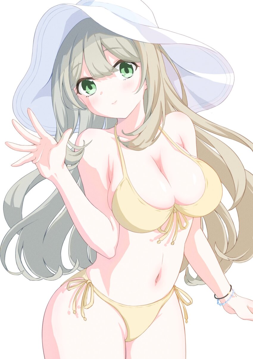 1girl arm_at_side bikini blue_archive blush breasts cleavage closed_mouth commentary_request cowboy_shot curvy double-parted_bangs floating_hair front-tie_bikini_top front-tie_top green_eyes hair_between_eyes halterneck hand_up hat highres large_breasts light_brown_hair long_hair looking_at_viewer navel nonomi_(blue_archive) nonomi_(swimsuit)_(blue_archive) official_alternate_costume outstretched_hand side-tie_bikini_bottom sidelocks smile solo stomach string_bikini sun_hat swimsuit very_long_hair waving white_hat yellow_bikini yuki_aria