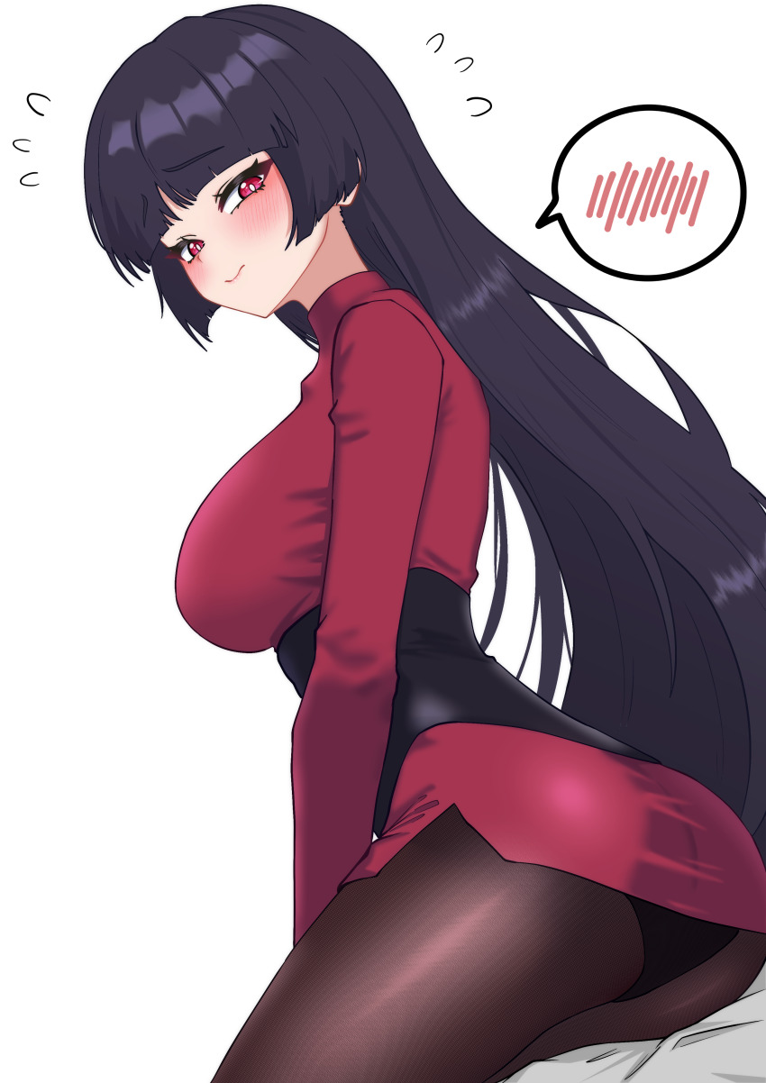 1girl 3: absurdres ass black_hair black_leotard blunt_bangs blush breasts bright_pupils brown_pantyhose closed_mouth commentary creatures_(company) crop_top embarrassed game_freak highres korean_commentary leotard leotard_under_clothes long_hair long_sleeves looking_at_viewer medium_breasts miniskirt nintendo oldsickkim pantyhose pokemon pokemon_frlg red_eyes red_shirt red_skirt sabrina_(pokemon) shirt simple_background sitting skirt solo speech_bubble spoken_blush very_long_hair white_background