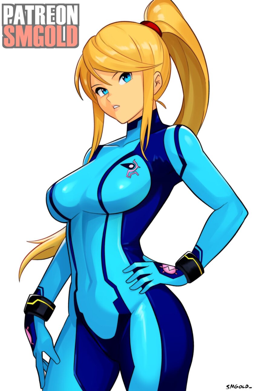 blonde_hair blue_bodysuit blue_eyes bodysuit breasts commentary english_commentary highres lips long_hair looking_at_viewer metroid nintendo patreon_username ponytail samus_aran skin_tight smgold super_smash_bros. twitter_username zero_suit