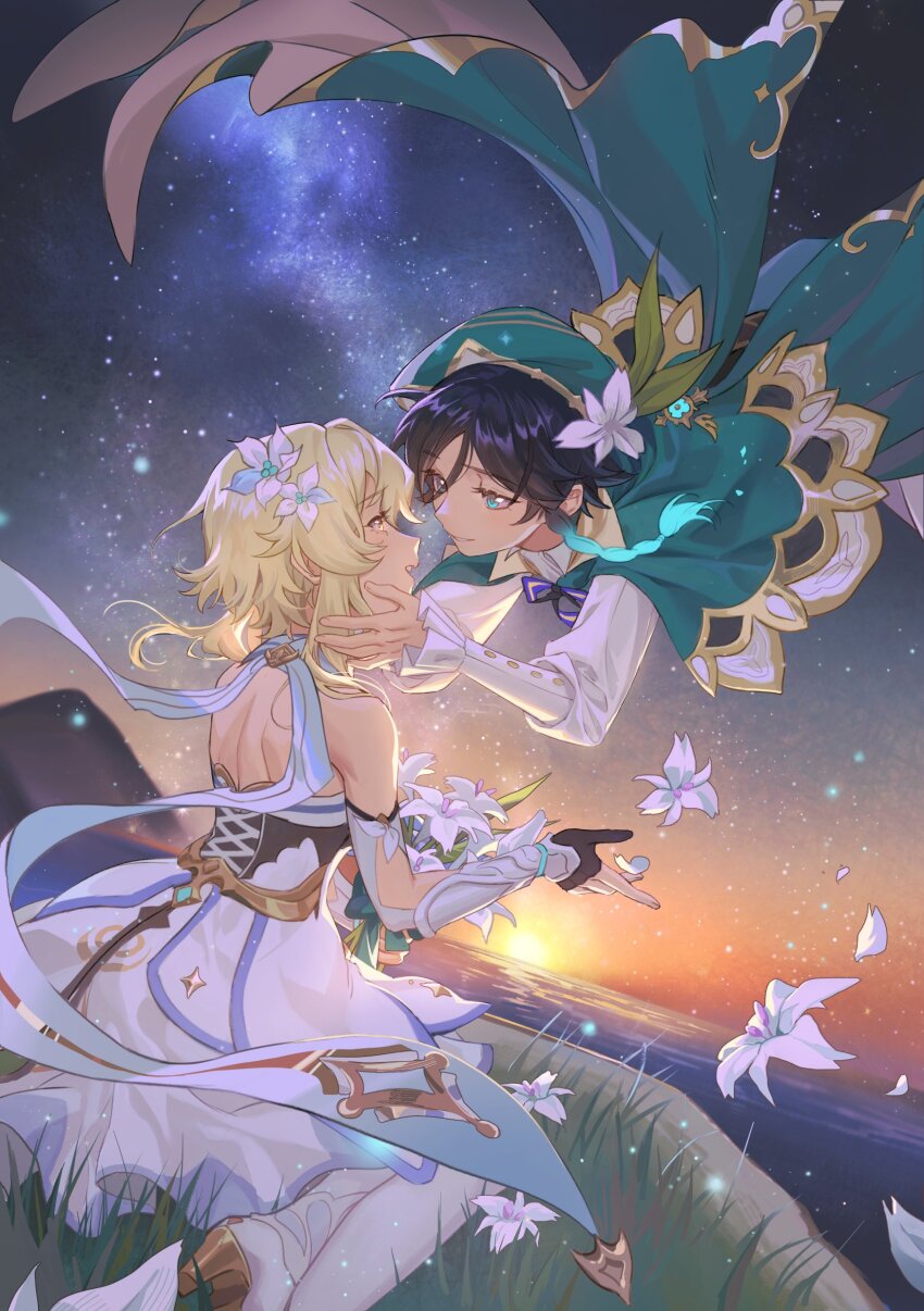 1boy 1girl absurdres aqua_eyes back bard bare_shoulders beret blonde_hair bouquet braid cape collared_cape commentary_request detached_sleeves dress floating flower fridaynightcat genshin_impact gloves gradient_hair green_cape green_hat hair_between_eyes hair_flower hair_ornament hat high_heels highres looking_at_another lumine_(genshin_impact) multicolored_hair outdoors partially_fingerless_gloves romper scarf short_hair_with_long_locks side_braids sitting sky star_(sky) starry_sky sunset twin_braids venti_(genshin_impact) wariza water white_dress white_flower white_romper white_scarf yellow_eyes