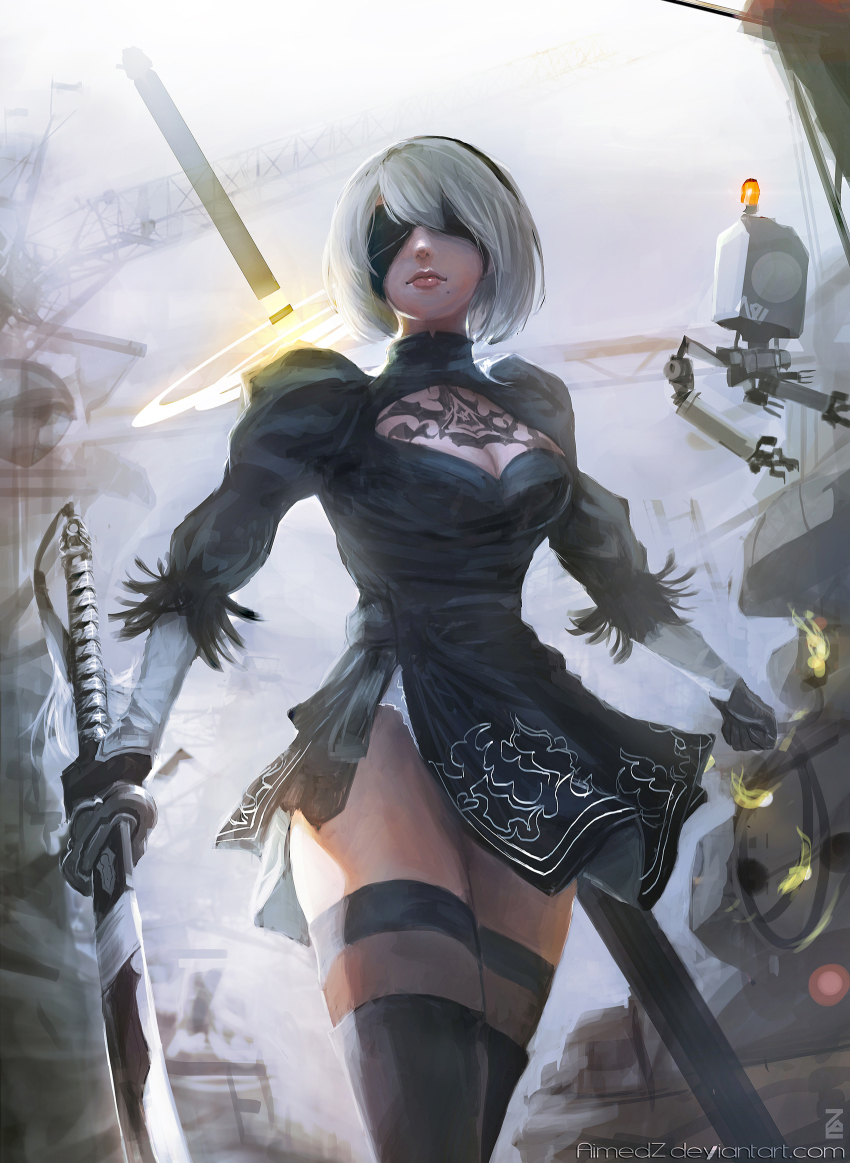 1girl 2b_(nier:automata) 9s_(nier:automata) aimedz artist_name black_dress black_footwear black_gloves black_thighhighs boots breasts cleavage cleavage_cutout clenched_hand closed_mouth clothing_cutout covered_eyes crane_(machine) deviantart_username dress facing_viewer female_focus gloves grey_sky highres holding holding_sword holding_weapon juliet_sleeves leotard light_smile lips long_sleeves medium_breasts mole mole_under_mouth nier:automata nier_(series) puffy_sleeves revision short_hair sky solo sword thigh_boots thighhighs thighhighs_under_boots turtleneck vambraces watermark weapon web_address white_hair white_leotard