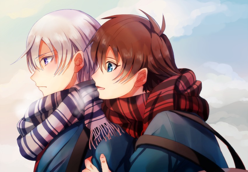 10s 2boys bag blue_eyes blush checkered_clothes checkered_scarf hug hug_from_behind kakumeiki_valvrave l-elf male_focus multiple_boys open_mouth purple_eyes sana423 scarf school_uniform short_hair silver_hair sky smile striped_clothes striped_scarf tokishima_haruto