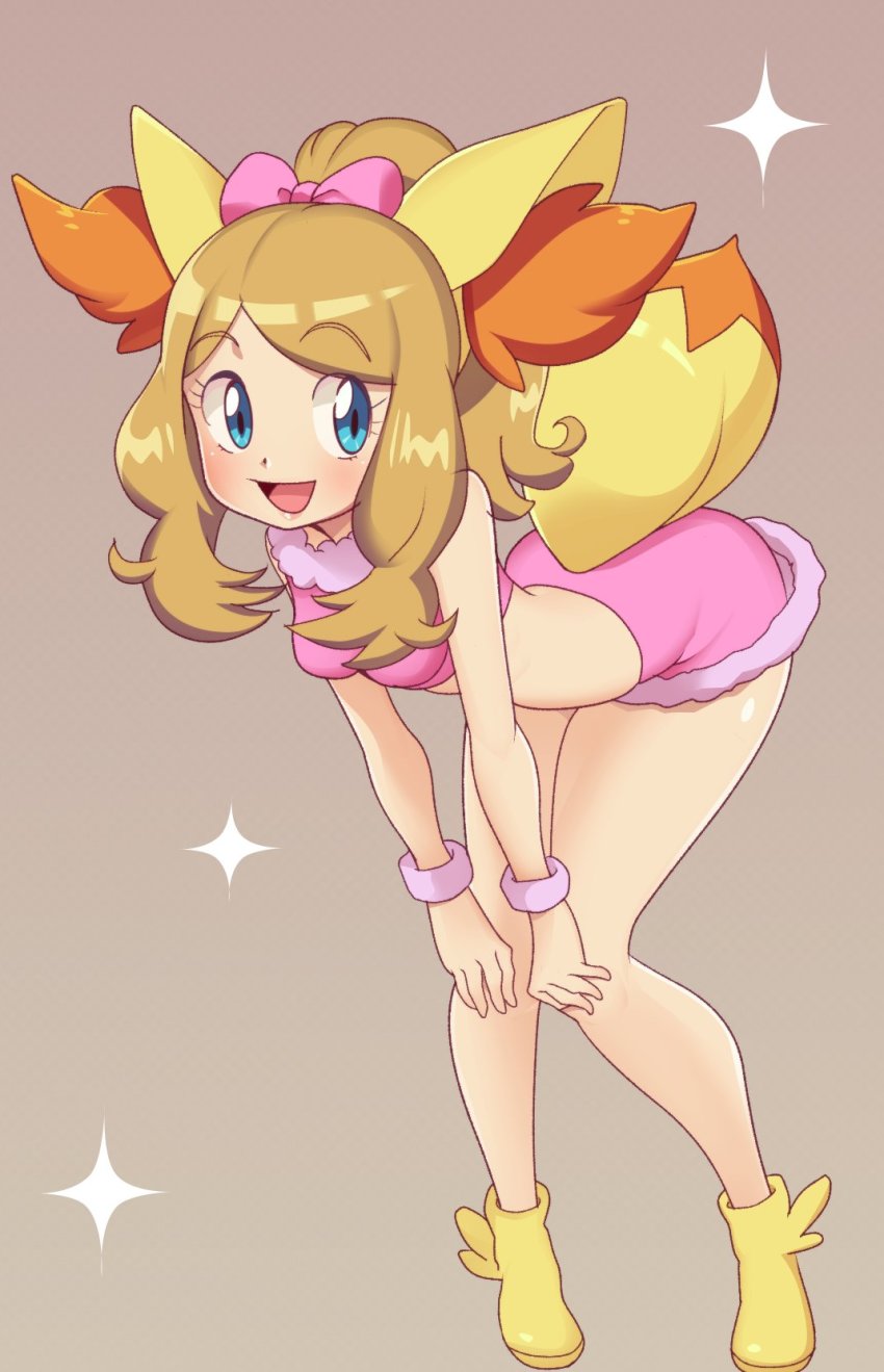 1girl artist_request ass ass_shake bent_over boots breasts child cosplay creatures_(company) crop_top fennekin_(cosplay) game_freak highres long_hair midriff miniskirt nintendo no_panties pokemon pokemon_xy serena_(pokemon) skirt source_request