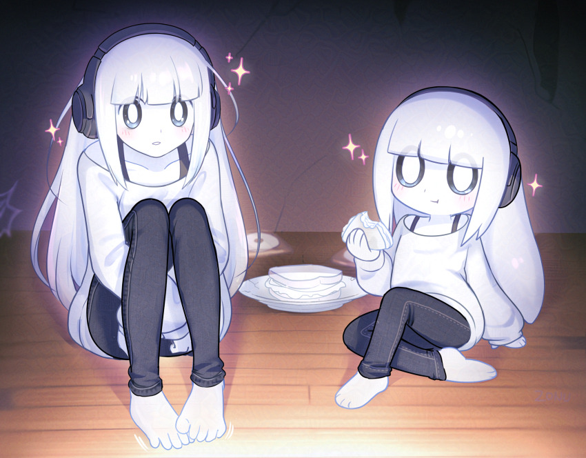 2girls animification barefoot black_eyes black_headphones black_pants blunt_bangs bright_pupils cd cd_case closed_mouth collarbone colored_skin eating food genderswap genderswap_(otf) ghost_girl headphones highres holding_food holding_sandwich light_blush long_hair long_sleeves looking_at_viewer mixed-language_commentary multiple_girls napstablook off-shoulder_shirt off_shoulder pants parted_lips personification plate sandwich shirt sidelocks silk sitting sleeves_past_wrists solo sparkle spider_web undertale white_hair white_pupils white_shirt white_skin wooden_floor zonu_the_zombie