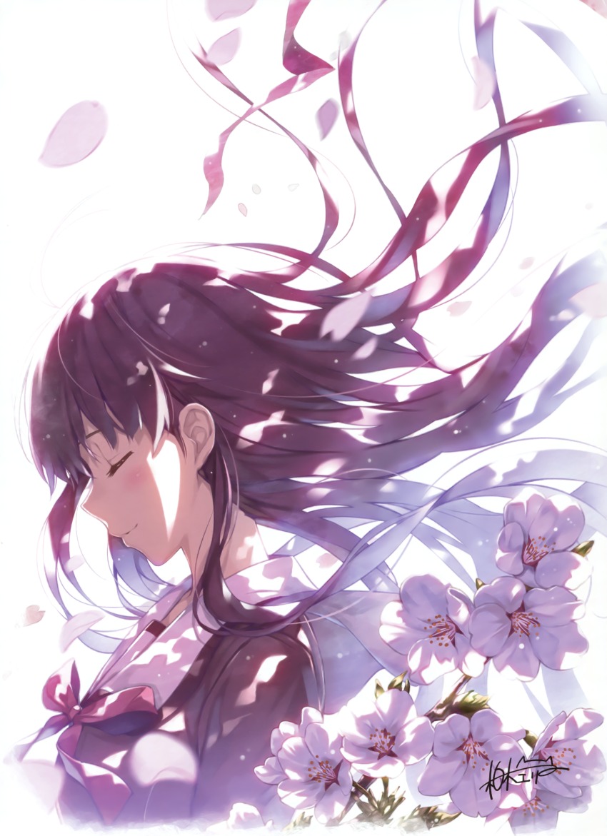 1girl black_hair brown_shirt character_signature closed_eyes female_focus floating_hair flower from_side highres kanou_meguri long_hair misaki_kurehito neck_ribbon pink_ribbon ribbon saenai_heroine_no_sodatekata school_uniform shirt signature simple_background smile solo upper_body very_long_hair white_background white_flower