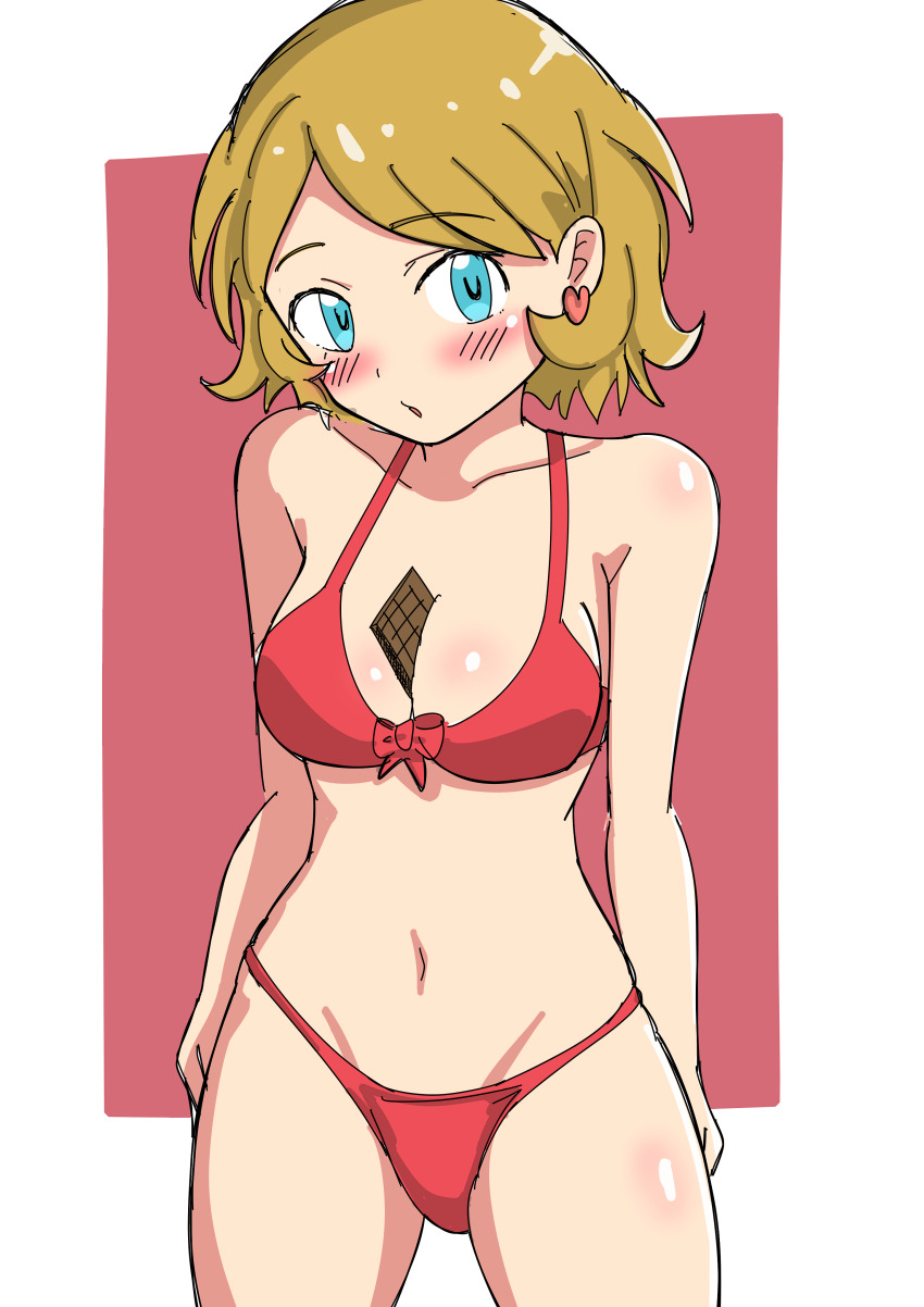 1girl absurdres bare_shoulders between_breasts bikini blue_eyes blush breasts brown_hair chocolate cleavage creatures_(company) earrings food_between_breasts game_freak heart heart_earrings highres jewelry looking_at_viewer maho_(corotonton5150) navel nintendo parted_lips pokemon pokemon_xy red_bikini serena_(pokemon) short_hair solo standing swimsuit