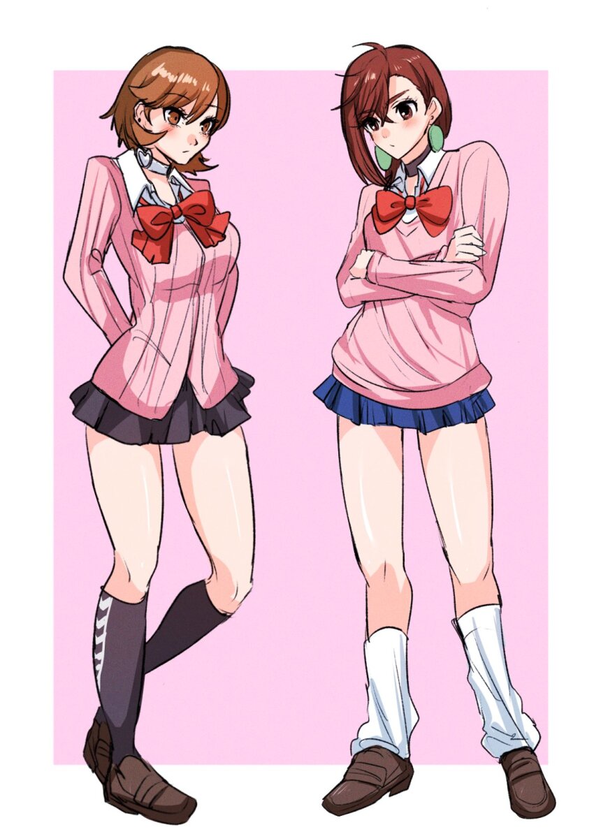 2girls arms_behind_back ayase_momo black_choker black_skirt black_socks blue_skirt blush border bow bowtie brown_eyes brown_footwear brown_hair cardigan choker closed_mouth crossed_arms dandadan earrings full_body gekkoukan_high_school_uniform hair_between_eyes heart heart_choker heart_print highres jewelry kneehighs long_sleeves looking_at_another loose_bowtie loose_socks miniskirt multiple_girls outside_border persona persona_3 pink_background pink_cardigan pink_sweater pleated_skirt print_socks red_bow red_bowtie ribbed_cardigan ribbed_sweater school_uniform short_hair skirt socks standing stud_earrings sweater takeba_yukari thighs white_border white_choker white_socks yuyuy_00