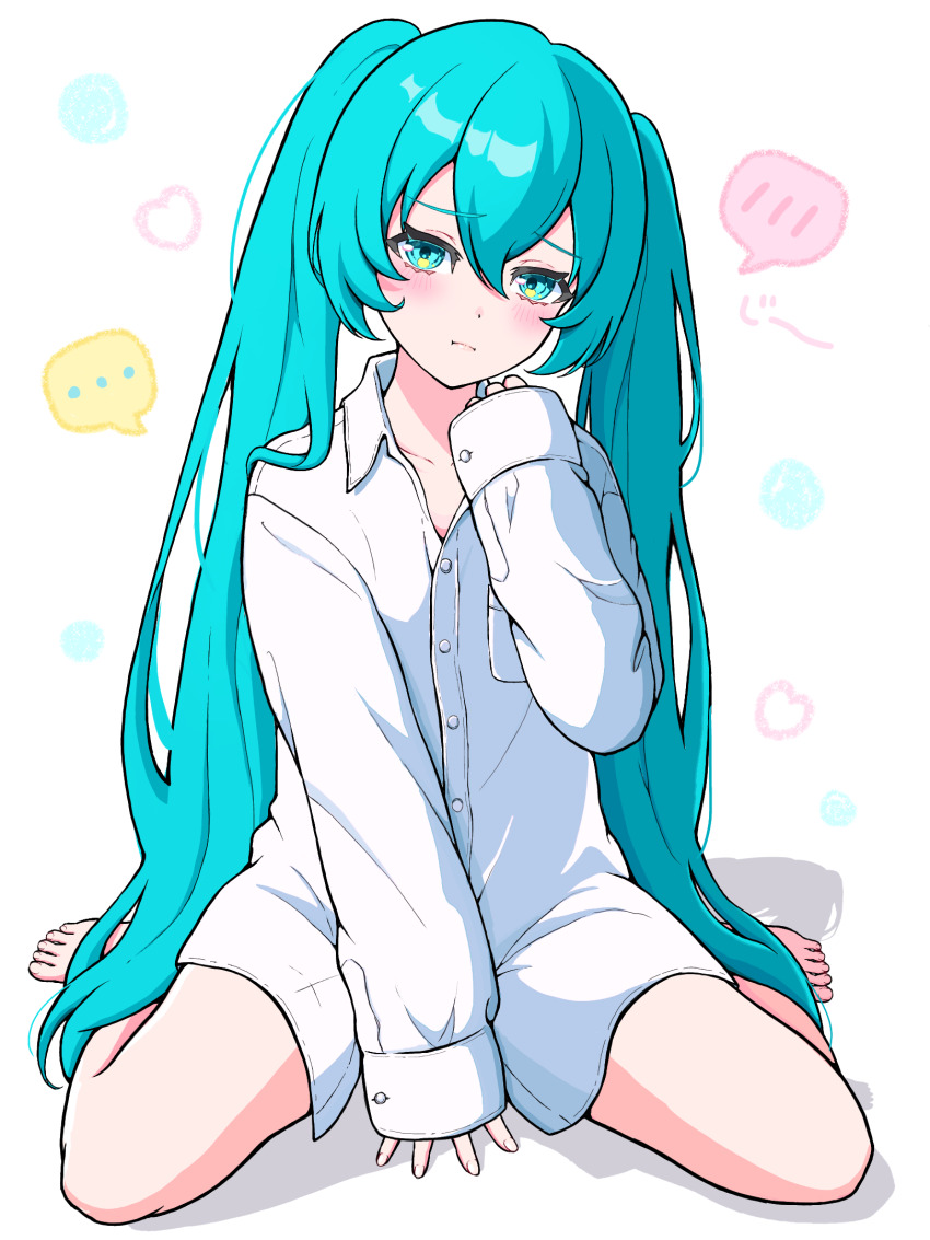 ... 1girl alternate_costume aqua_eyes aqua_hair arm_support barefoot breast_pocket collarbone collared_shirt flat_chest full_body furrowed_brow hair_between_eyes hand_up hatsune_miku head_tilt heart highres light_blush long_hair long_sleeves looking_at_viewer naked_shirt oversized_clothes partially_unbuttoned pocket pout shadow shirt sidelocks simple_background sitting sleeves_past_wrists spoken_blush twintails uzuki_sena very_long_hair vocaloid wariza white_background white_shirt