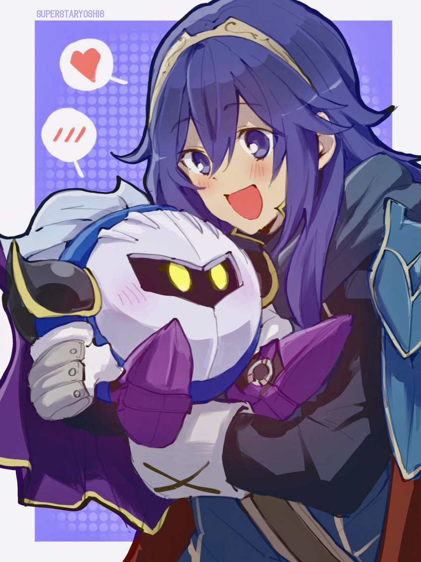 1girl armor blue_cape blue_eyes blue_hair blush border cape fire_emblem fire_emblem_awakening heart highres kirby_(series) long_hair long_sleeves looking_at_another lucina_(fire_emblem) meta_knight nintendo open_mouth outside_border pauldrons purple_background purple_cape red_cape shoulder_armor simple_background smile star_yoshi super_smash_bros. tiara two-tone_cape white_border